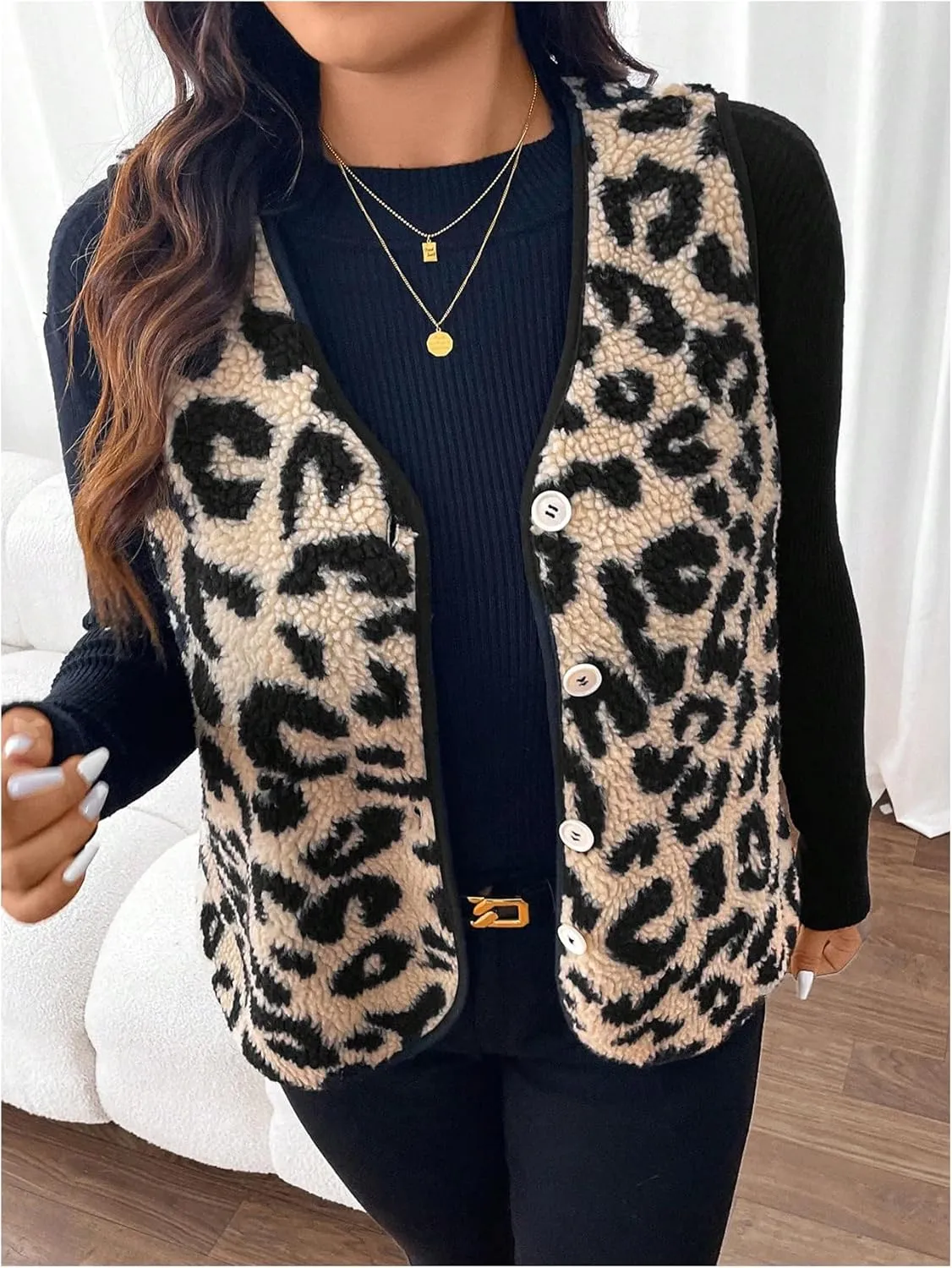 SOLY HUX Women's Plus Size Faux Fur Leopard Print V Neck Sleeveless Button Front Vest Jacket