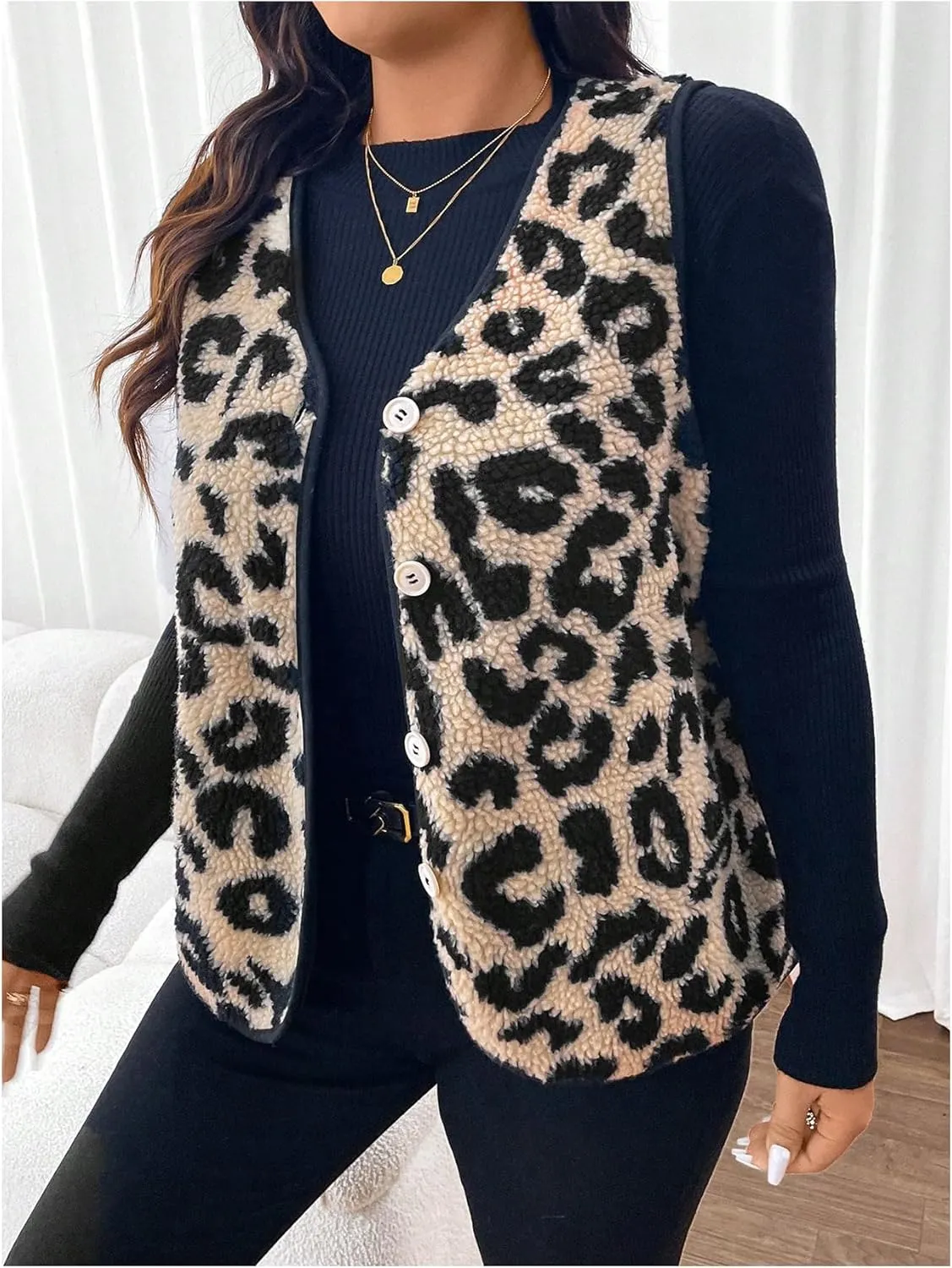 SOLY HUX Women's Plus Size Faux Fur Leopard Print V Neck Sleeveless Button Front Vest Jacket