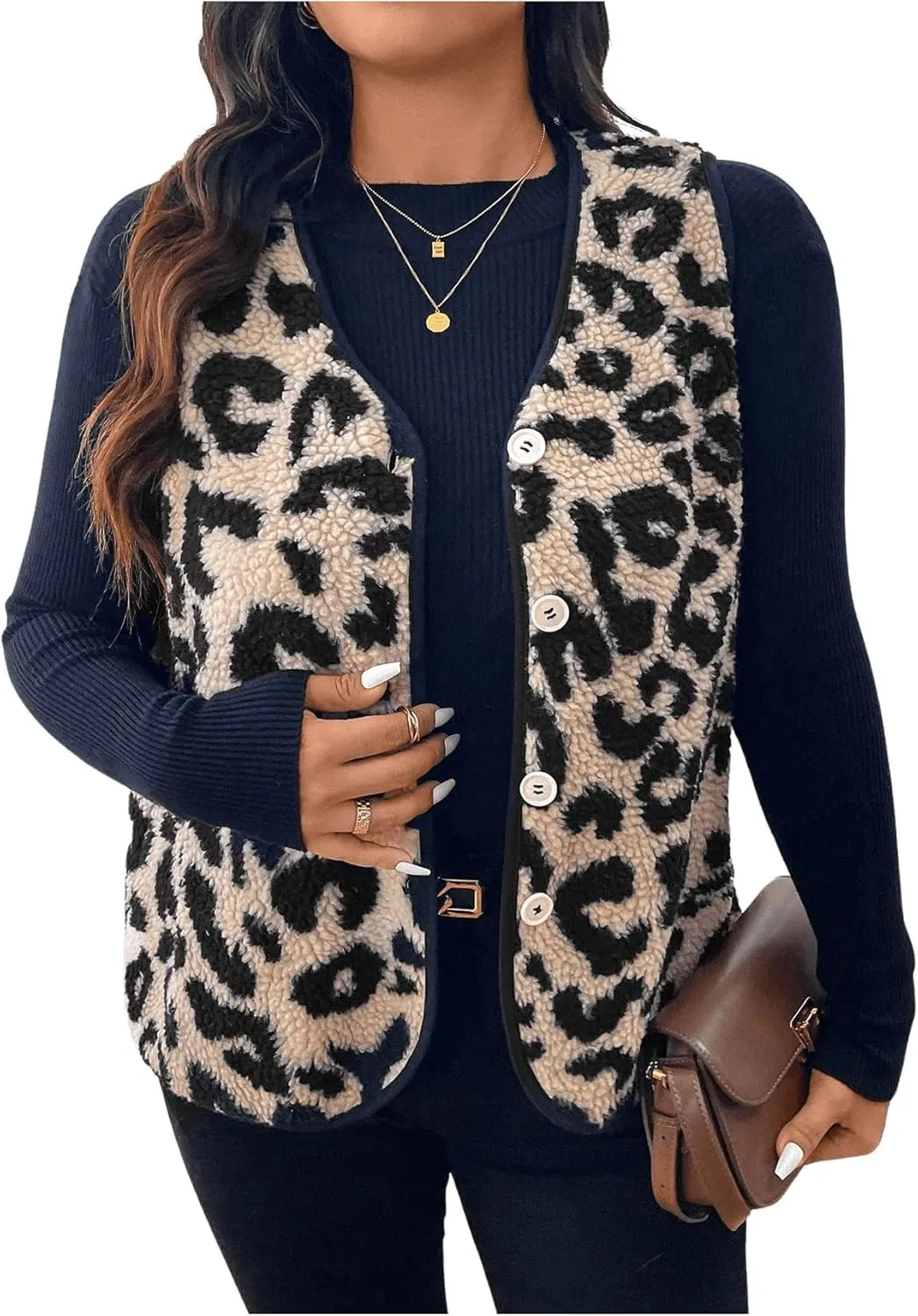 SOLY HUX Women's Plus Size Faux Fur Leopard Print V Neck Sleeveless Button Front Vest Jacket
