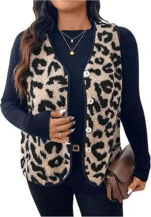 SOLY HUX Women's Plus Size Faux Fur Leopard Print V Neck Sleeveless Button Front Vest Jacket