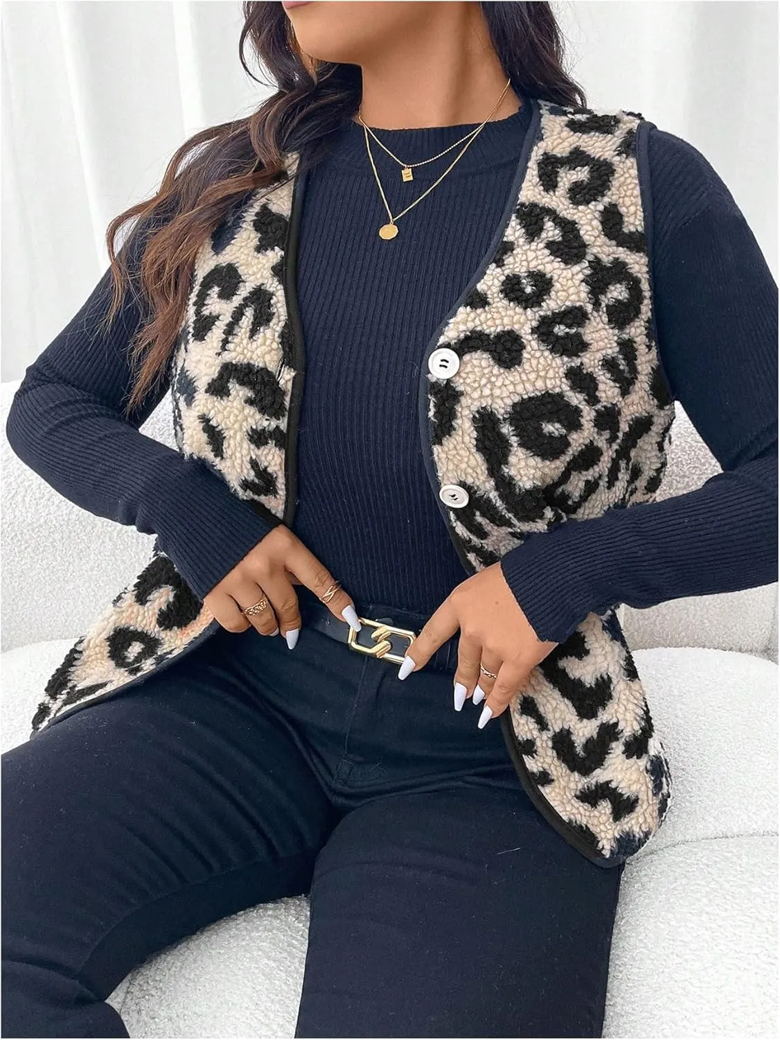 SOLY HUX Women's Plus Size Faux Fur Leopard Print V Neck Sleeveless Button Front Vest Jacket