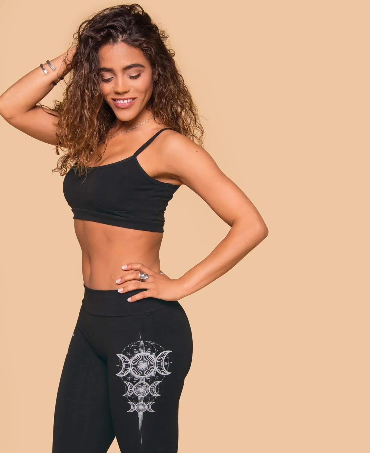 Soul Flower Women's Moon Goddess Organic Cotton Leggings, Black Ladies Full Length Stretchy Long Basic Fitted Yoga Pants