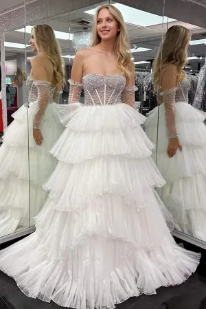 Strapless Long White Beaded Top Ruffled Prom Dresses
