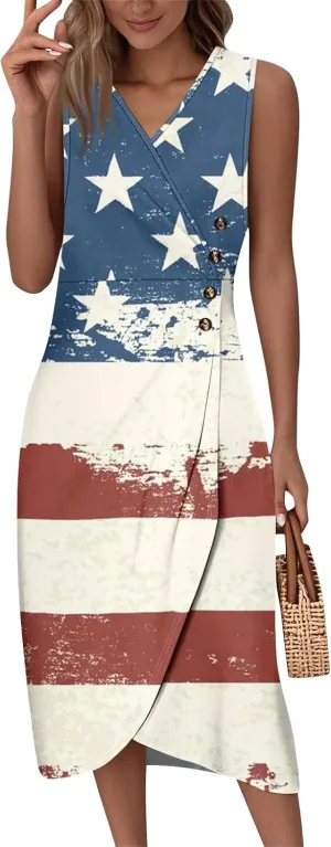 Summer Dresses for Women 2025 Casual V Neck Sleeveless Midi Dress Flowy Irregular Hem Boho Tank Dress