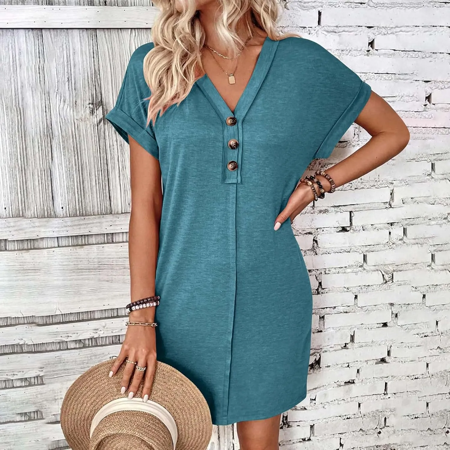 Summer Dresses for Women 2025 V Neck Dressy Casual Elegant Party Dress Trendy Rolled-Up Short Sleeve Beach Mini Dress