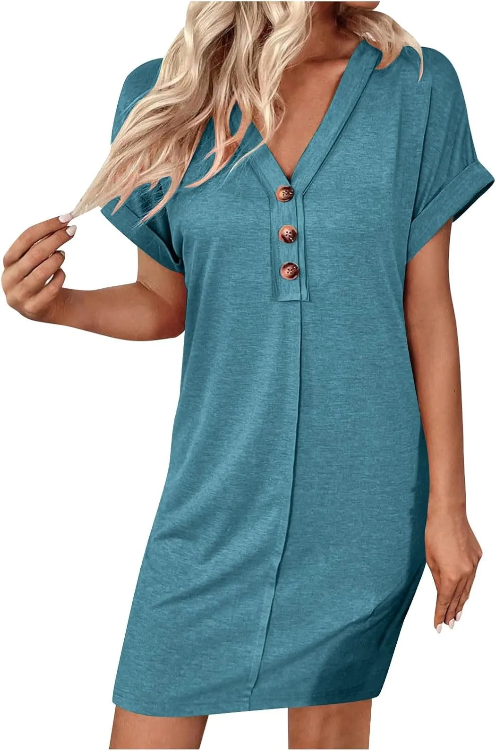 Summer Dresses for Women 2025 V Neck Dressy Casual Elegant Party Dress Trendy Rolled-Up Short Sleeve Beach Mini Dress