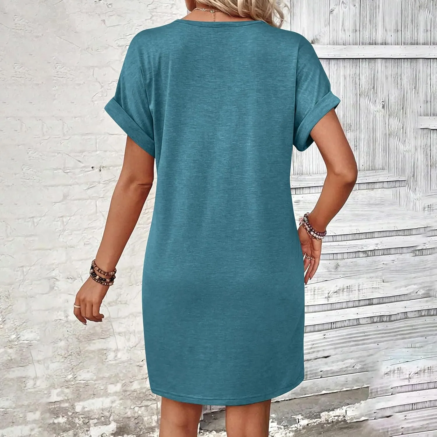 Summer Dresses for Women 2025 V Neck Dressy Casual Elegant Party Dress Trendy Rolled-Up Short Sleeve Beach Mini Dress