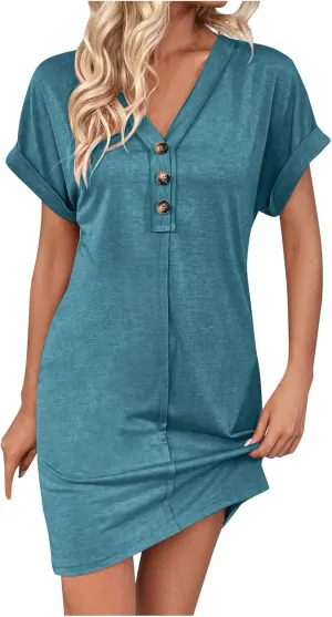 Summer Dresses for Women 2025 V Neck Dressy Casual Elegant Party Dress Trendy Rolled-Up Short Sleeve Beach Mini Dress