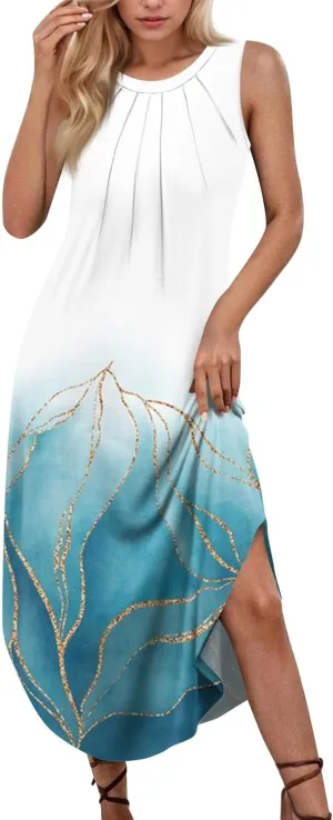 Summer Dresses for Women Loose Sundresses printedFlowy Tshirt Tank Dresses Casual Sleeveless Maxi Long Dress with Pockets