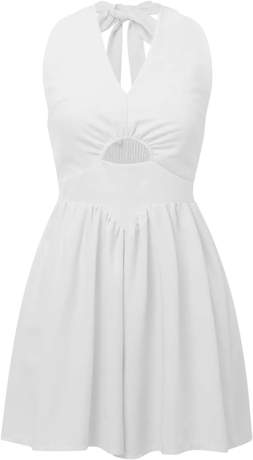 Summer Dresses Women Sleeveless Halter V-Neck Solid Color Midi Dress Casual Beach Sun Dresses 2024 Trendy Swing Dress