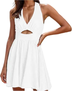 Summer Dresses Women Sleeveless Halter V-Neck Solid Color Midi Dress Casual Beach Sun Dresses 2024 Trendy Swing Dress