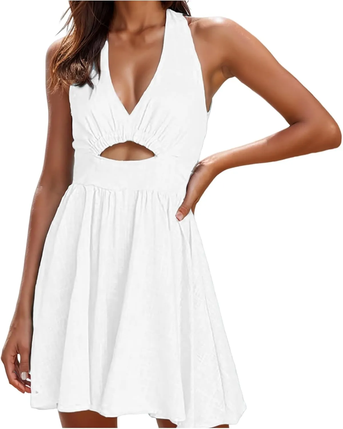 Summer Dresses Women Sleeveless Halter V-Neck Solid Color Midi Dress Casual Beach Sun Dresses 2024 Trendy Swing Dress