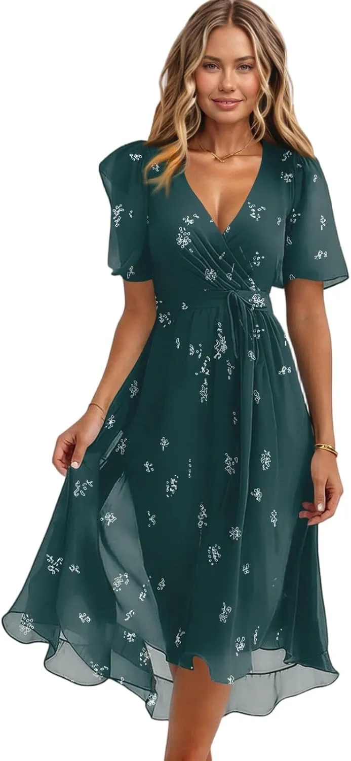 Summer Floral Dresses for Women 2025 Midi Chiffon Dresses Wedding Guest Dress V Neck Short Sleeve Tie Waist Ruffled Hem