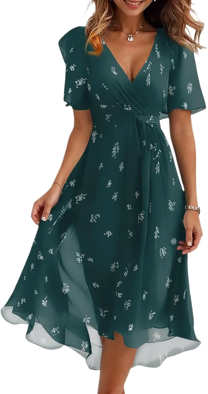 Summer Floral Dresses for Women 2025 Midi Chiffon Dresses Wedding Guest Dress V Neck Short Sleeve Tie Waist Ruffled Hem