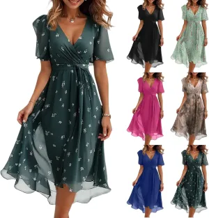 Summer Floral Dresses for Women 2025 Midi Chiffon Dresses Wedding Guest Dress V Neck Short Sleeve Tie Waist Ruffled Hem