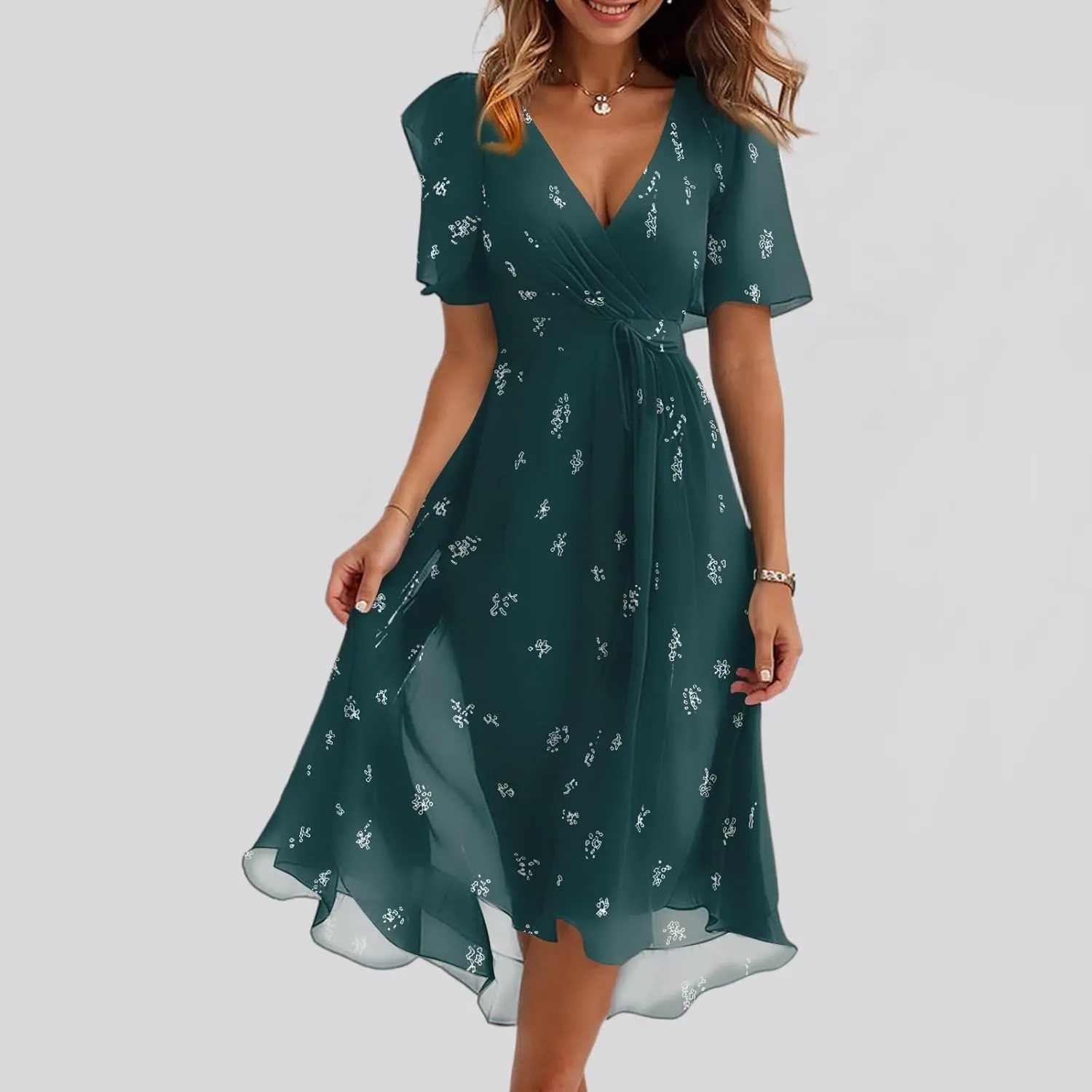 Summer Floral Dresses for Women 2025 Midi Chiffon Dresses Wedding Guest Dress V Neck Short Sleeve Tie Waist Ruffled Hem