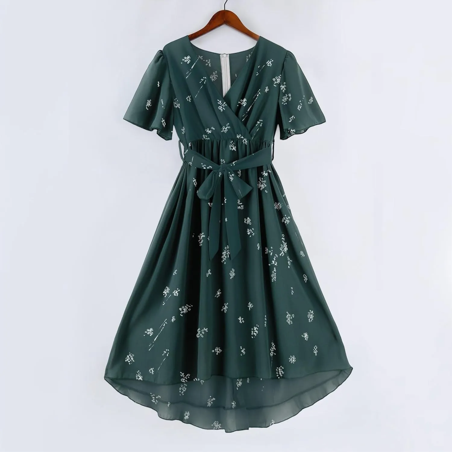 Summer Floral Dresses for Women 2025 Midi Chiffon Dresses Wedding Guest Dress V Neck Short Sleeve Tie Waist Ruffled Hem
