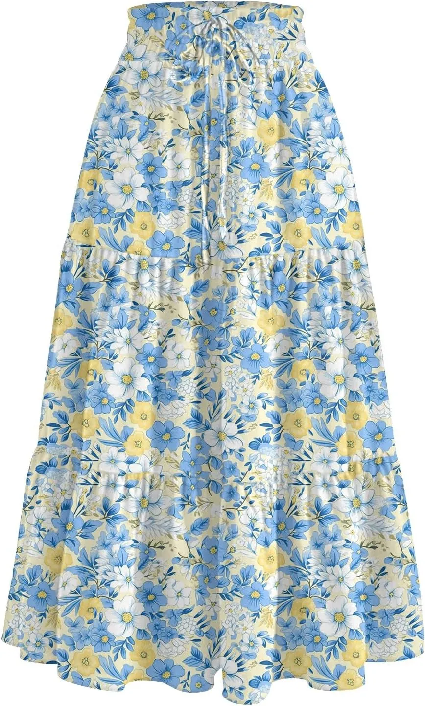 Summer Floral Midi Skirt for Women Comfy Tiered Elastic High Waisted Vacation A-Line Flowy Swing Long