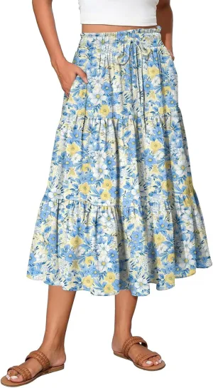 Summer Floral Midi Skirt for Women Comfy Tiered Elastic High Waisted Vacation A-Line Flowy Swing Long