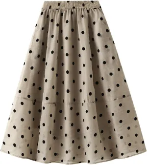 Summer Mesh Midi Skirts for Women Elastic Waist Polka Dot Printed Pleated Skirt Casual Cute Puffy Knee Length Skirts