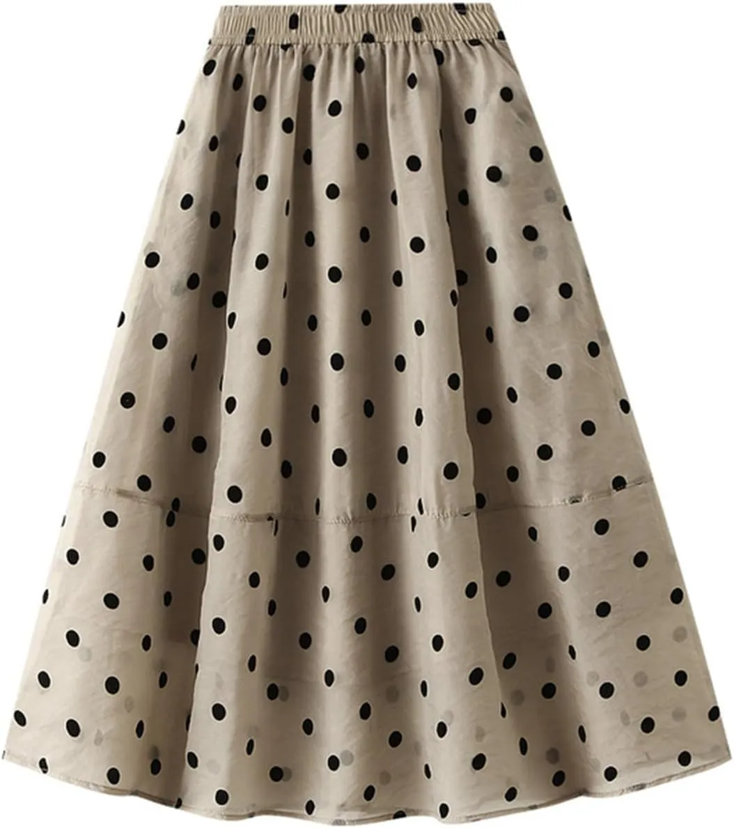 Summer Mesh Midi Skirts for Women Elastic Waist Polka Dot Printed Pleated Skirt Casual Cute Puffy Knee Length Skirts