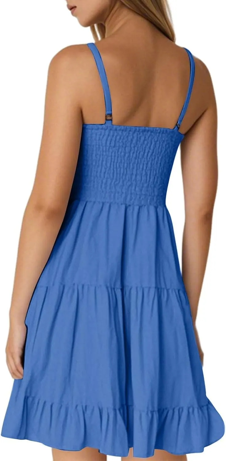 Sundresses for Women 2025 Summer Spaghetti Straps Mini Dress Sleeveless Boho Beach Tiered Pleated Flowy Skater Dress