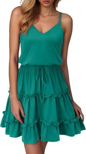 Sundresses for Women 2025 Summer V-Neck Spaghetti Strap Waist Tie Mini Dresses Tiered Ruffle Flowy Cute Skater Dress