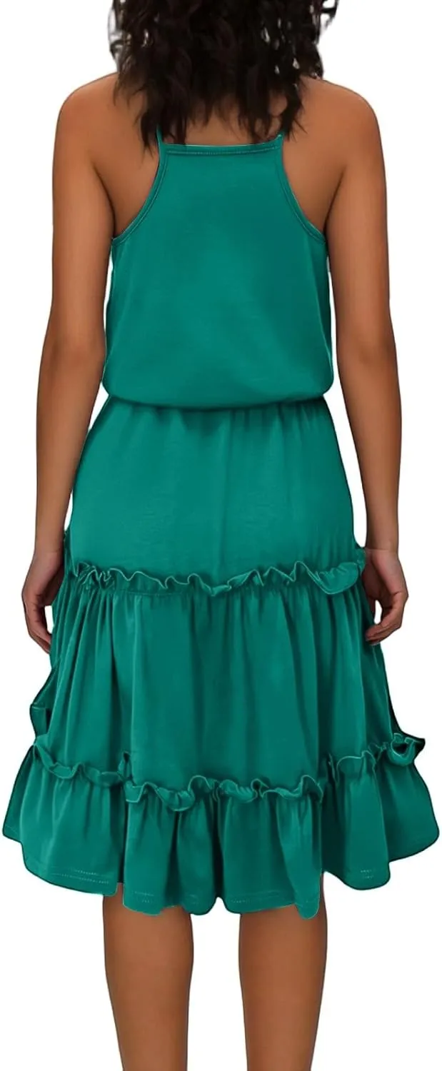 Sundresses for Women 2025 Summer V-Neck Spaghetti Strap Waist Tie Mini Dresses Tiered Ruffle Flowy Cute Skater Dress