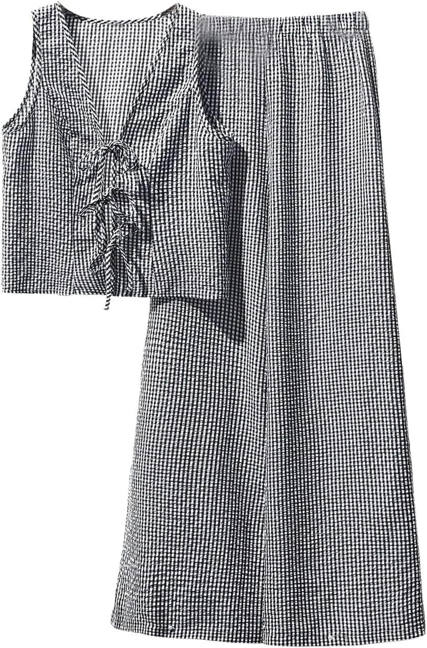 SweatyRocks Women's Plaid Outfit Tie Front Sleeveless Top and Wide Leg Pants Clothing Set