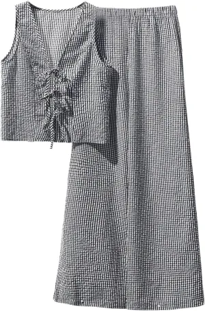 SweatyRocks Women's Plaid Outfit Tie Front Sleeveless Top and Wide Leg Pants Clothing Set