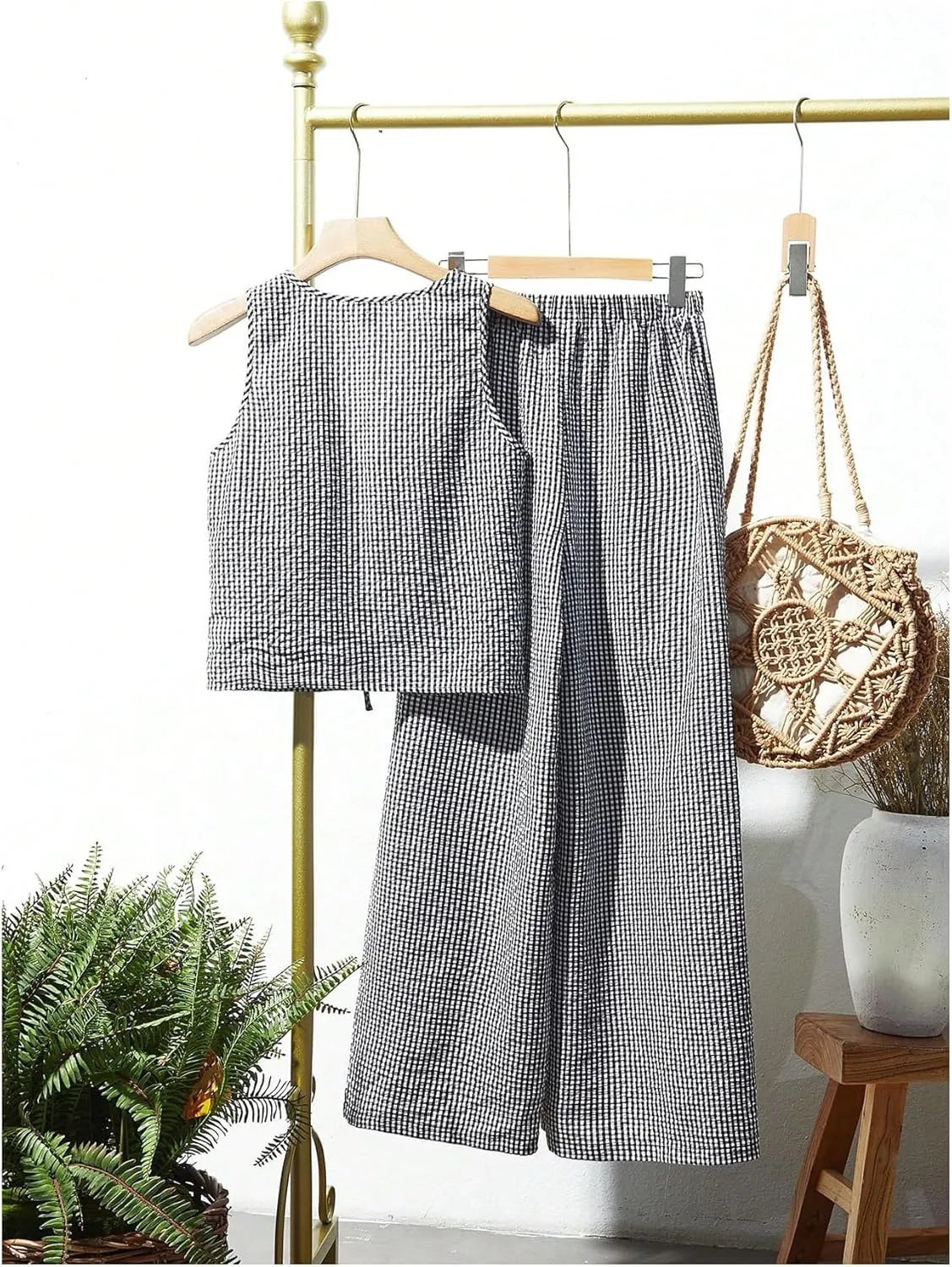 SweatyRocks Women's Plaid Outfit Tie Front Sleeveless Top and Wide Leg Pants Clothing Set