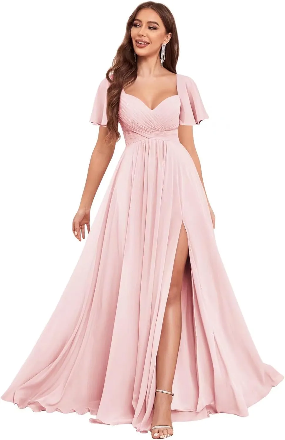 Sweetheart Bridesmaid Dresses for Women Short Sleeve Chiffon A Line Formal Wedding Dress with Slit