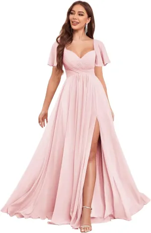Sweetheart Bridesmaid Dresses for Women Short Sleeve Chiffon A Line Formal Wedding Dress with Slit