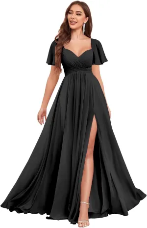 Sweetheart Bridesmaid Dresses for Women Short Sleeve Chiffon A Line Formal Wedding Dress with Slit