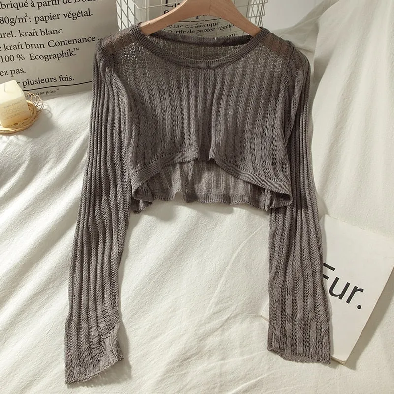 T-shirts Women Summer Long Sleeve Crop Tops Thin Breathable Hollow Out
