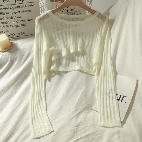 T-shirts Women Summer Long Sleeve Crop Tops Thin Breathable Hollow Out