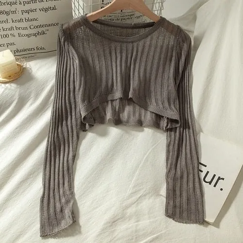 T-shirts Women Summer Long Sleeve Crop Tops Thin Breathable Hollow Out