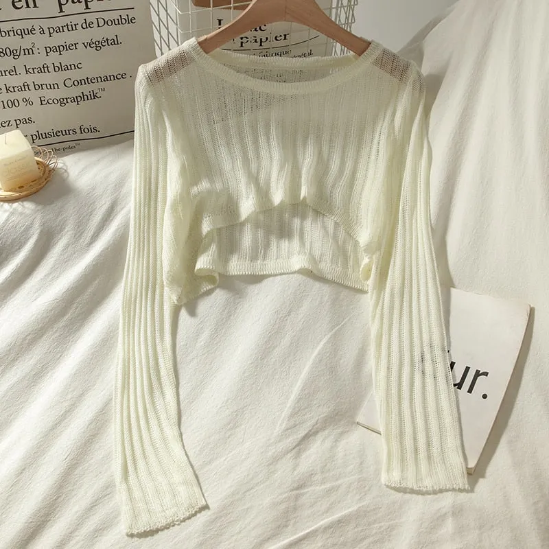 T-shirts Women Summer Long Sleeve Crop Tops Thin Breathable Hollow Out