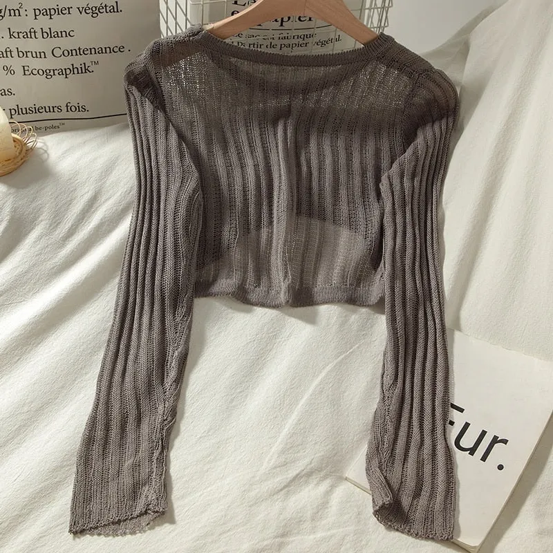 T-shirts Women Summer Long Sleeve Crop Tops Thin Breathable Hollow Out