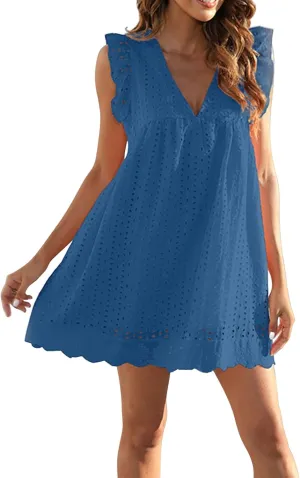 Tank Dress for Women Y2k Dresses Sleeveless Ruffle V Neck Hollow Loose Mini Dresses Boho Vacation Beach Sundress