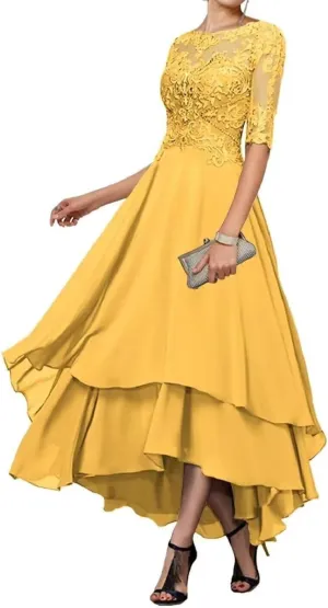 Tea Length Mother of The Bride Dresses for Wedding Tiered Chiffon Lace Evening Formal Gown with Sleeves