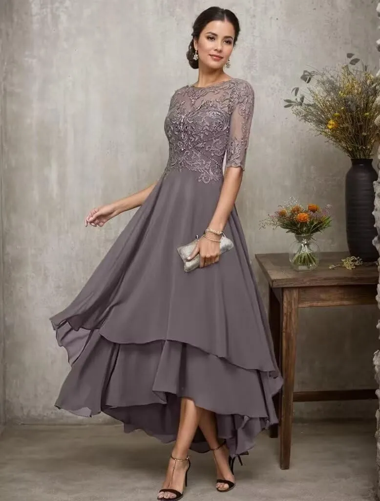 Tea Length Mother of The Bride Dresses for Wedding Tiered Chiffon Lace Evening Formal Gown with Sleeves