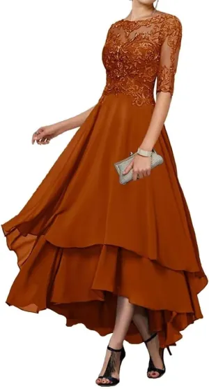 Tea Length Mother of The Bride Dresses for Wedding Tiered Chiffon Lace Evening Formal Gown with Sleeves