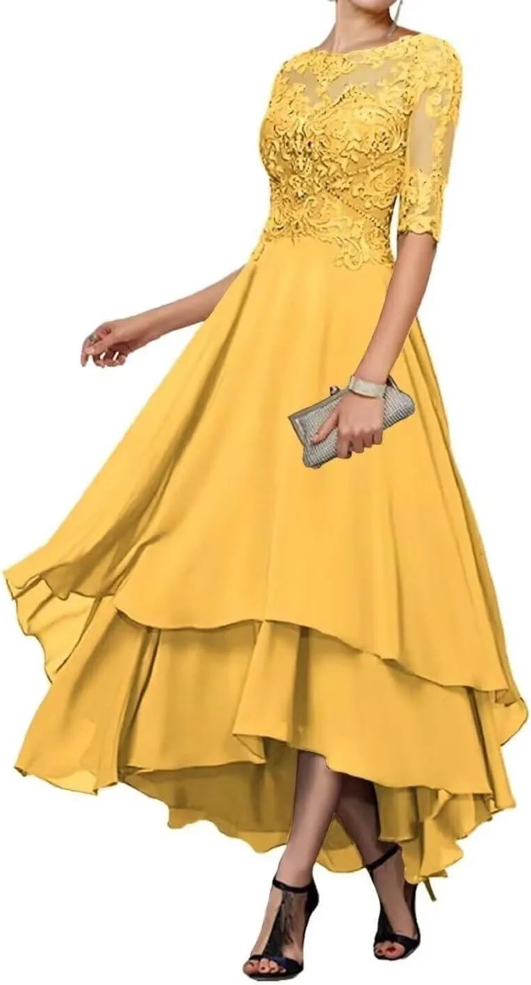 Tea Length Mother of The Bride Dresses for Wedding Tiered Chiffon Lace Evening Formal Gown with Sleeves