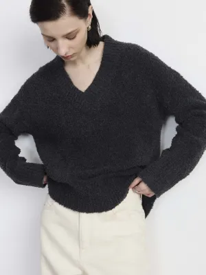 The Fuzzy V Neck Sweater  in Dark Grey