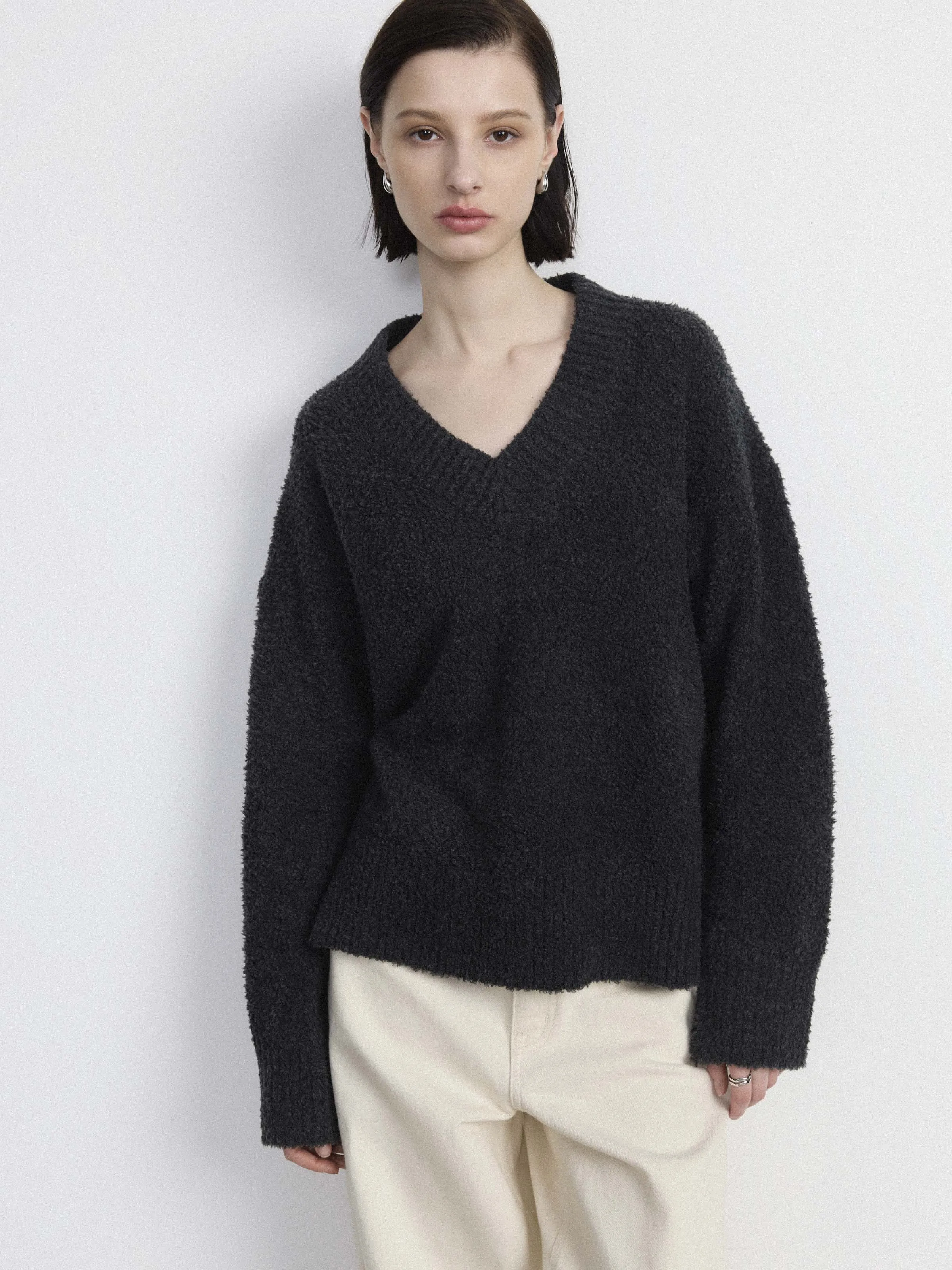 The Fuzzy V Neck Sweater  in Dark Grey