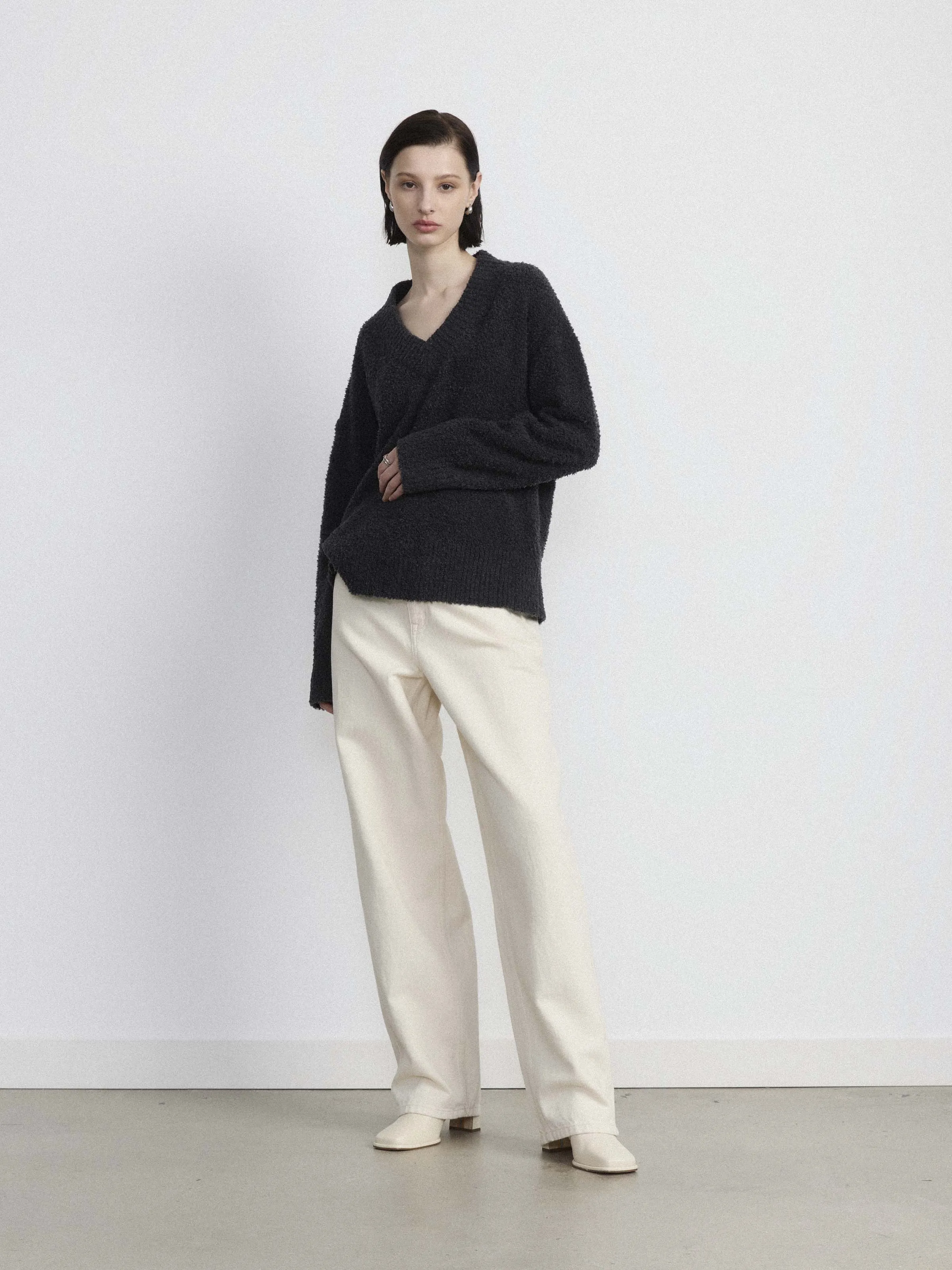 The Fuzzy V Neck Sweater  in Dark Grey