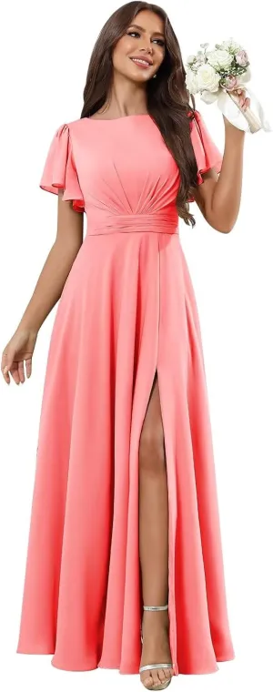 TORYEMY Chiffon Bridesmaid Dresses with Sleeves Slit Long Modest Formal Evening Dress for Women