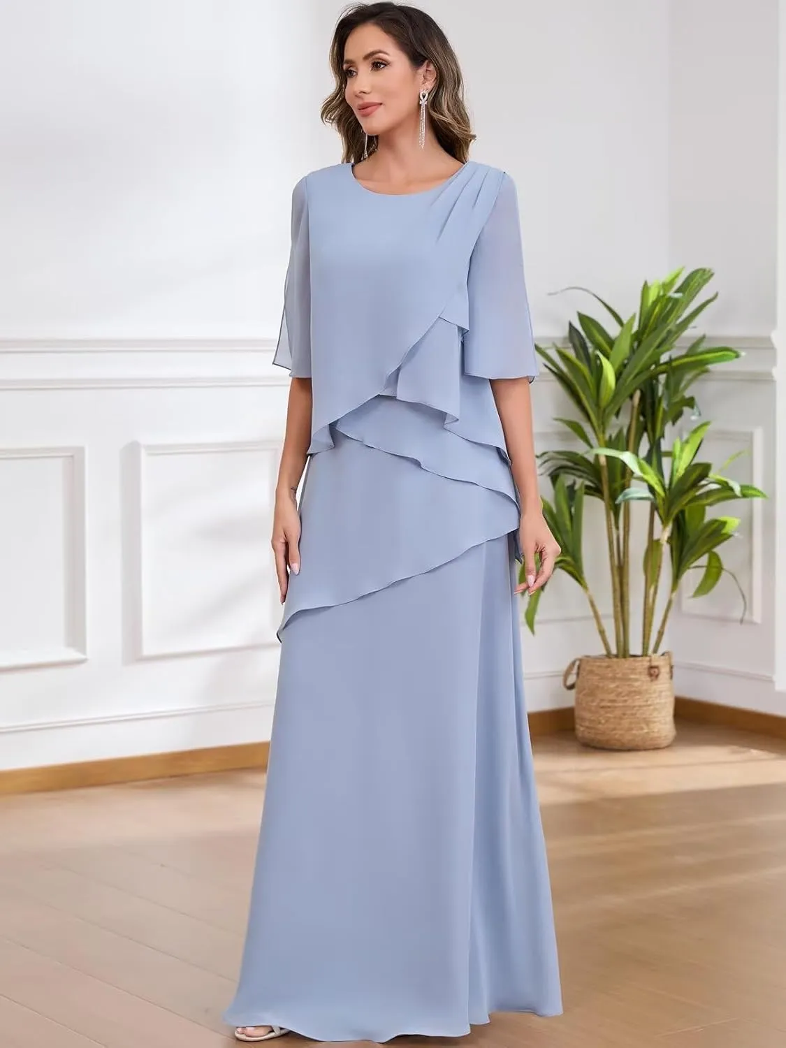 TORYEMY Women's Mother of The Bride Dresses Long Chiffon A Line Short Sleeve Formal Evening Dress for Wedding
