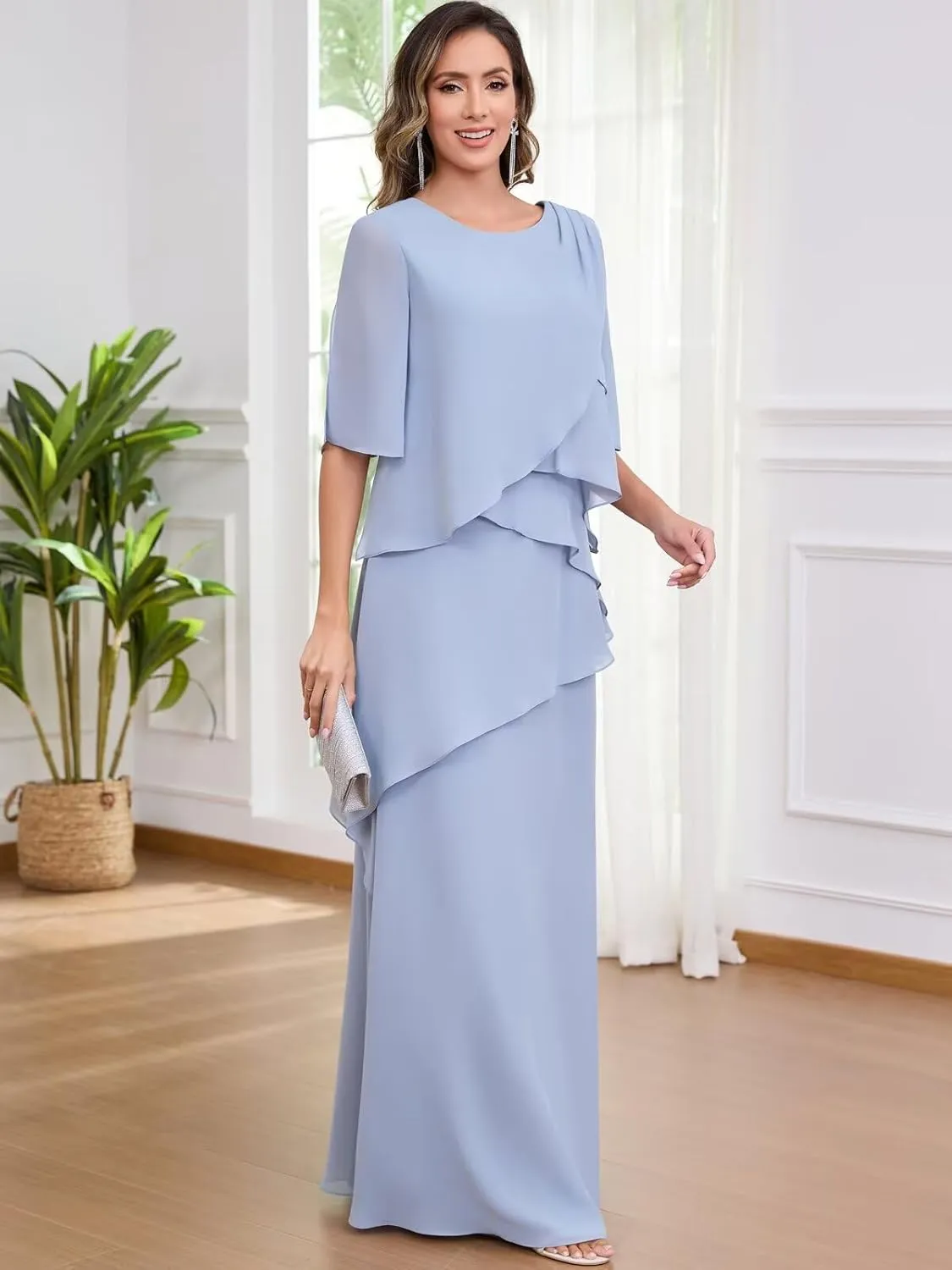 TORYEMY Women's Mother of The Bride Dresses Long Chiffon A Line Short Sleeve Formal Evening Dress for Wedding